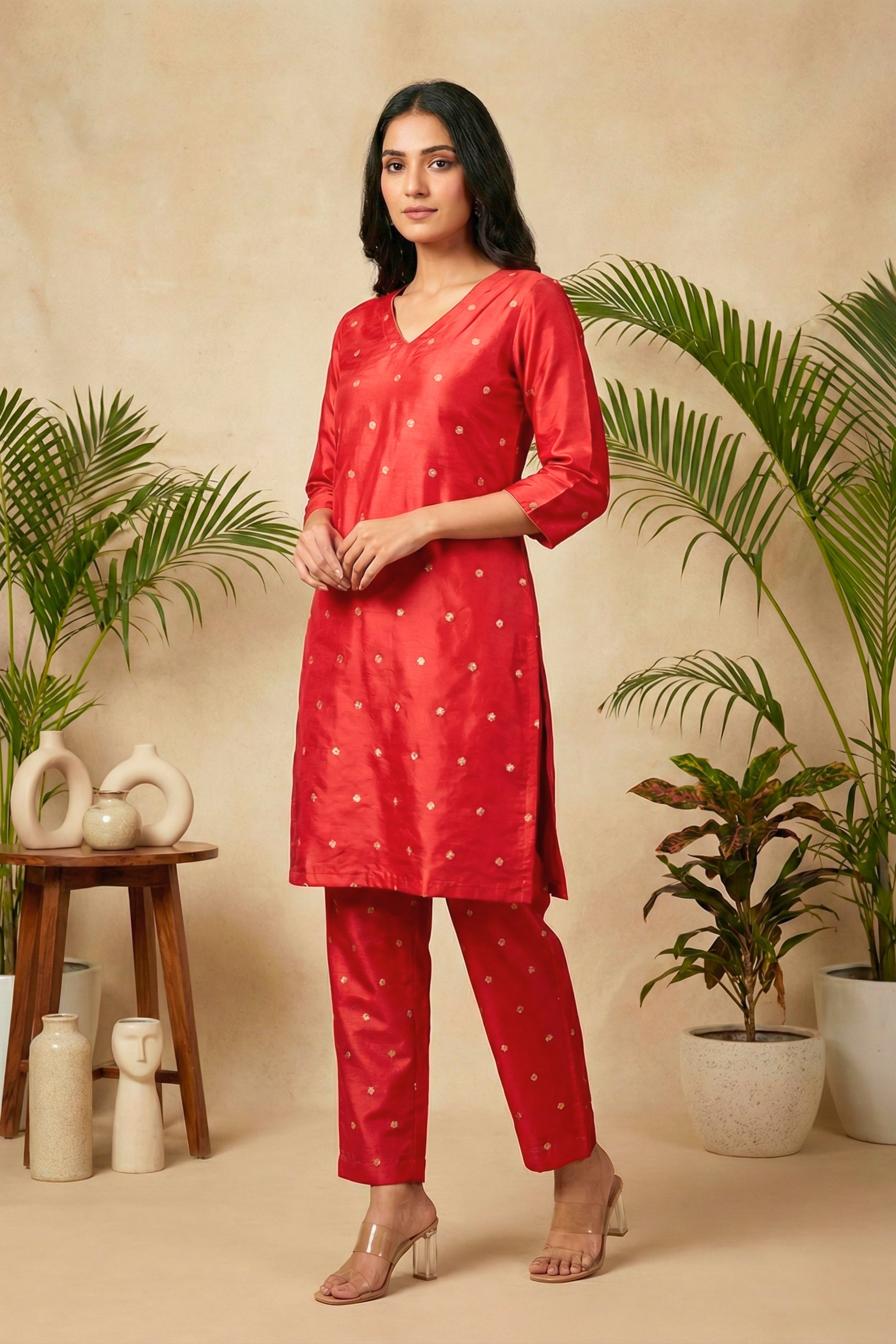 Vibrant Red Silk Unstitched Suit Material