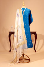 Sapphire Blue Silk Unstitched Suit Set with Banarasi Georgette Dupatta | Label Tamanna