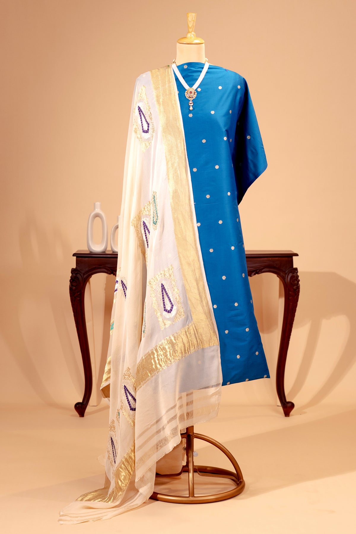 Sapphire Blue Silk Unstitched Suit Set with Banarasi Georgette Dupatta | Label Tamanna
