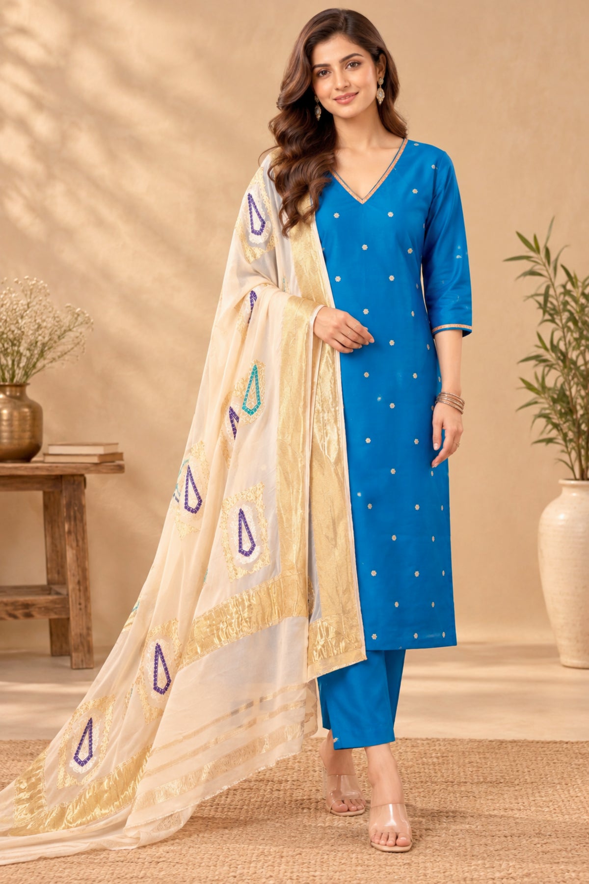 Sapphire Blue Silk Unstitched Suit Set with Banarasi Georgette Dupatta | Label Tamanna