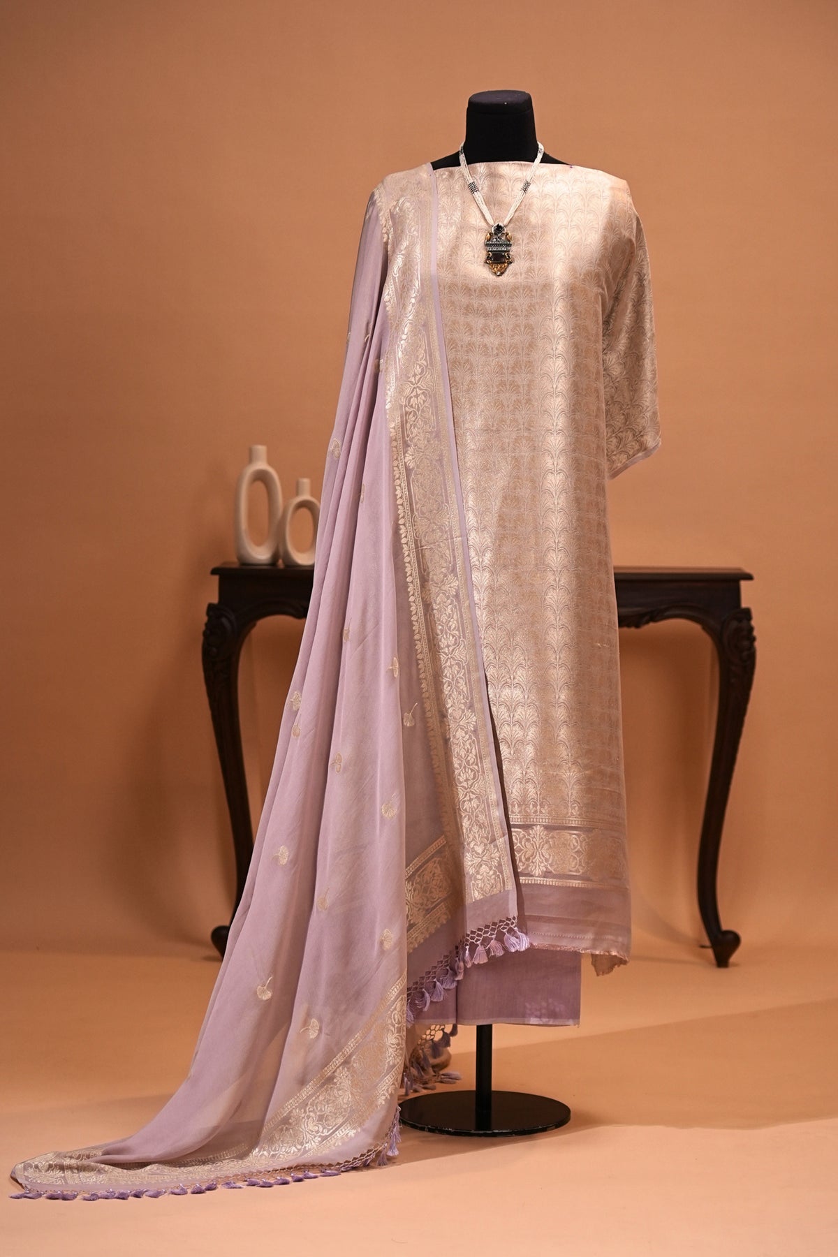 Lilac Tanchoi Banarasi Georgette Unstitched Suit Set by Label Tamanna
