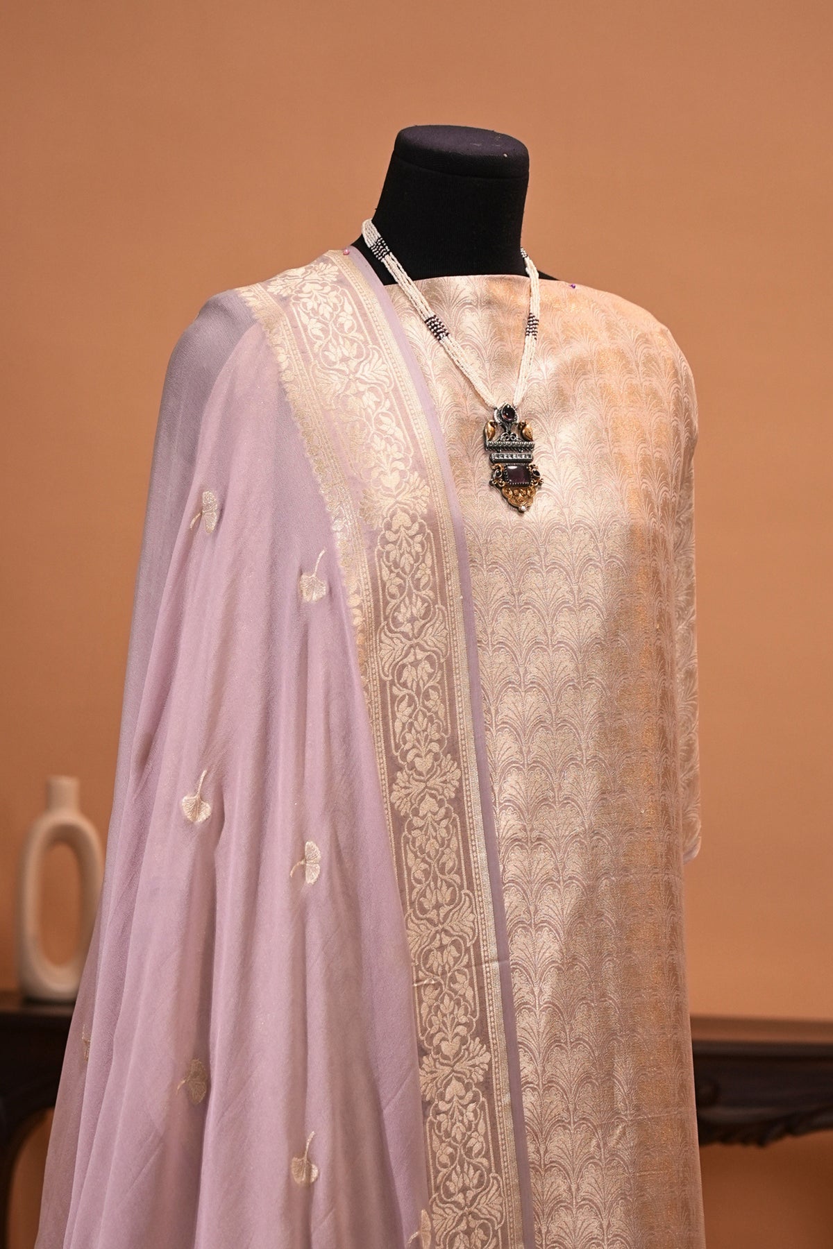Lilac Tanchoi Banarasi Georgette Unstitched Suit Set by Label Tamanna