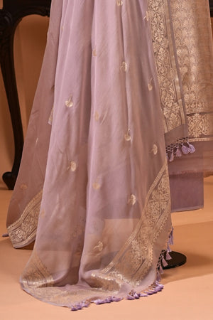 Lilac Tanchoi Banarasi Georgette Unstitched Suit Set by Label Tamanna