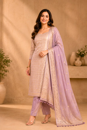Lilac Tanchoi Banarasi Georgette Unstitched Suit Set by Label Tamanna