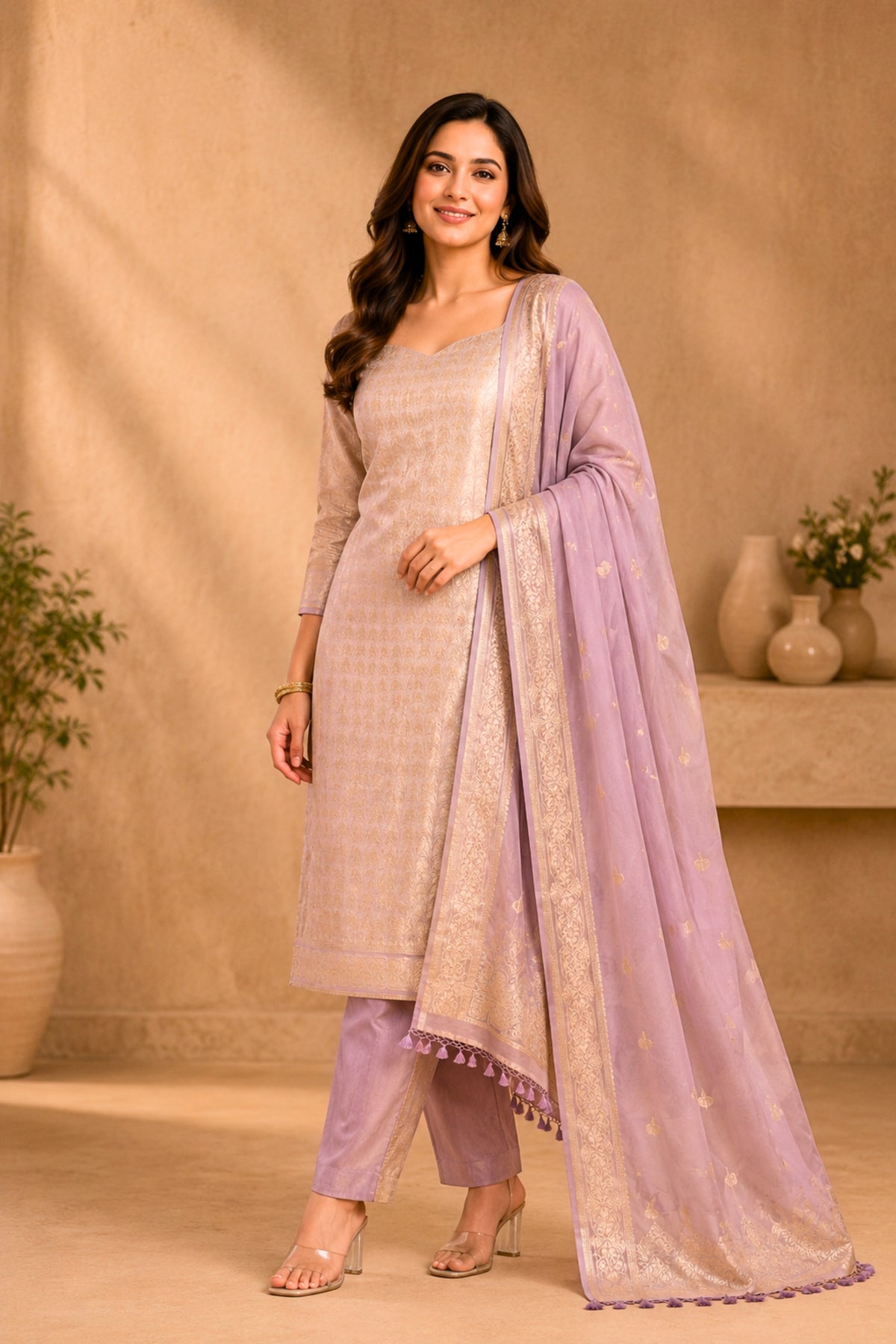 Lilac Tanchoi Banarasi Georgette Unstitched Suit Set by Label Tamanna