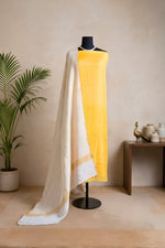 Bright Yellow Satin Silk Unstitched Suit Set with Crushed Chiffon Dupatta