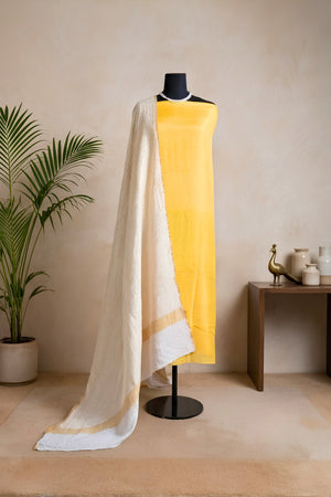Bright Yellow Satin Silk Unstitched Suit Set with Crushed Chiffon Dupatta