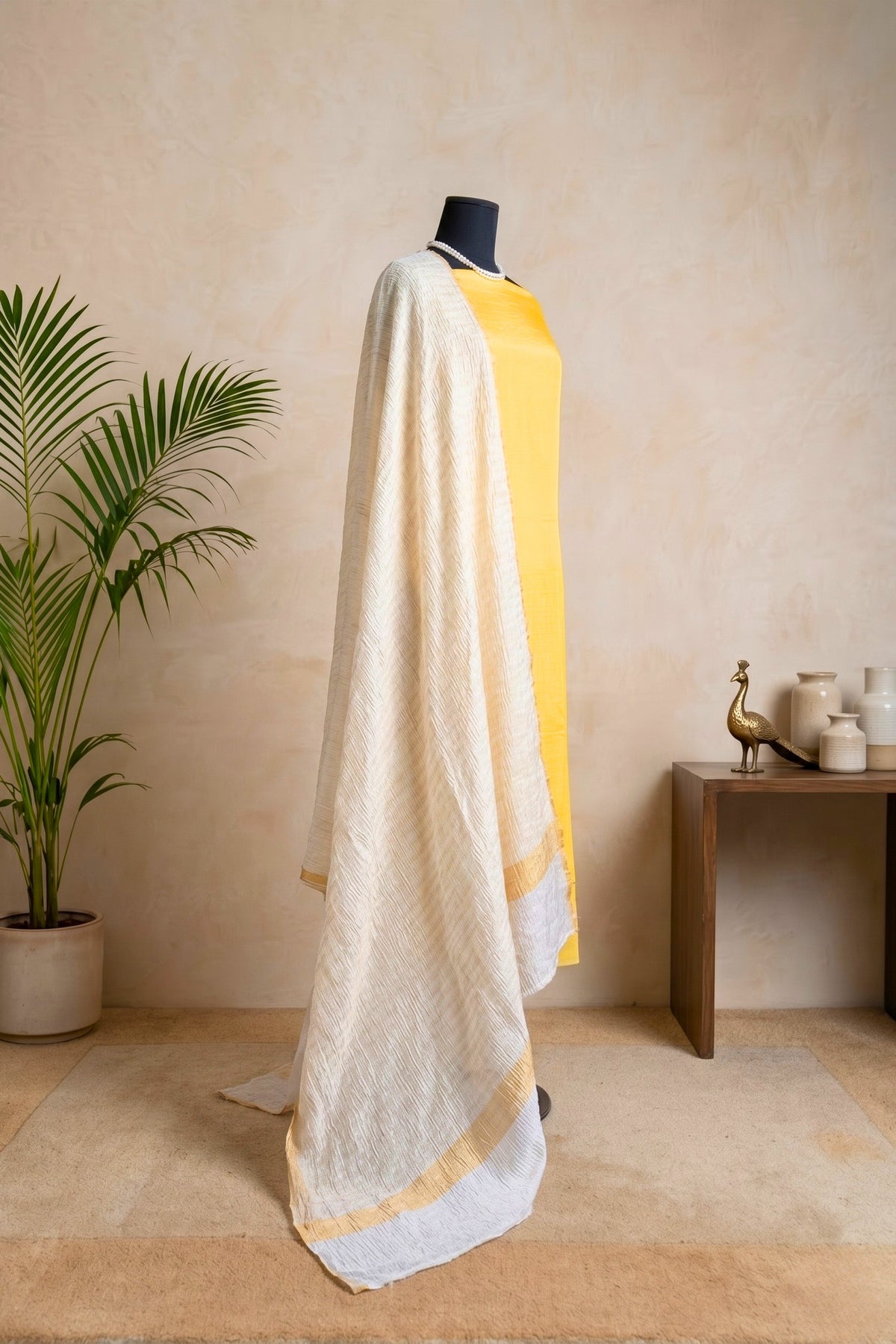 Bright Yellow Satin Silk Unstitched Suit Set with Crushed Chiffon Dupatta