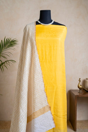 Bright Yellow Satin Silk Unstitched Suit Set with Crushed Chiffon Dupatta