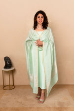 Turquoise Green Satin Silk Unstitched Suit Set with Moonga Silk Dupatta by Label Tamanna