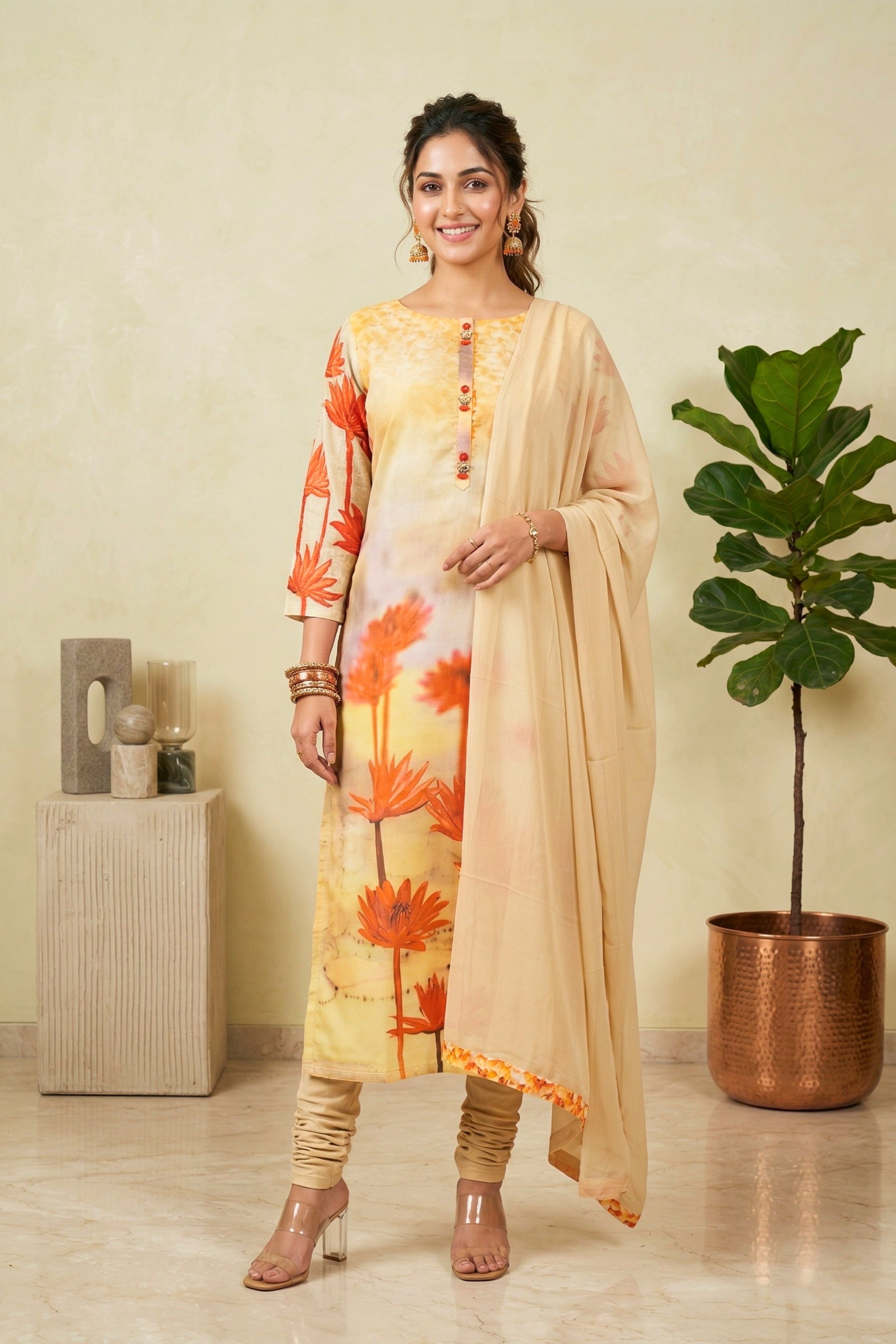 Vibrant Pale Yellow Cotton Suit Set with Orange Lotus Motifs & Jeweled Placket
