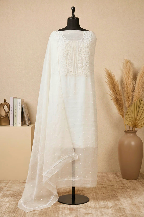 Premium Dyeable White Organza Unstitched Suit Set with Intricate Threadwork