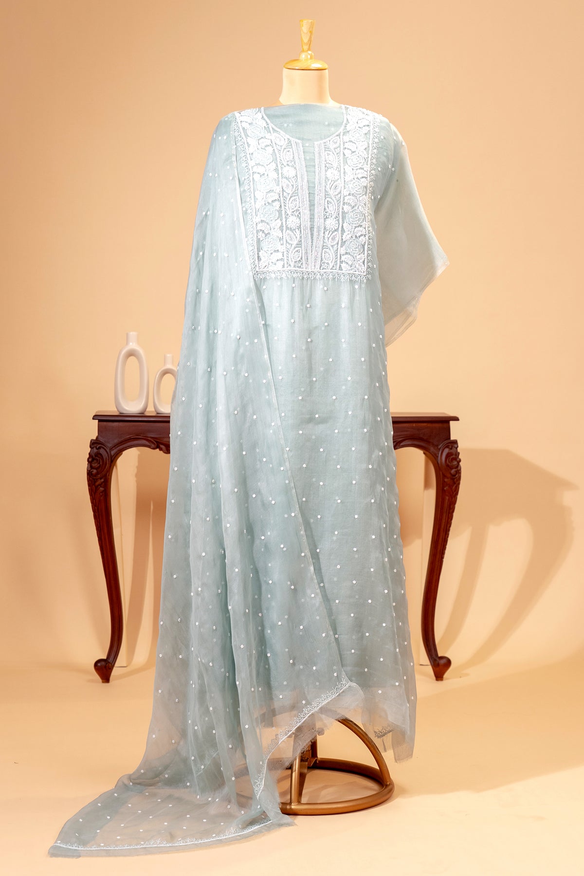 Powder Blue Chikankari Organza Unstitched Suit Set | Label Tamanna