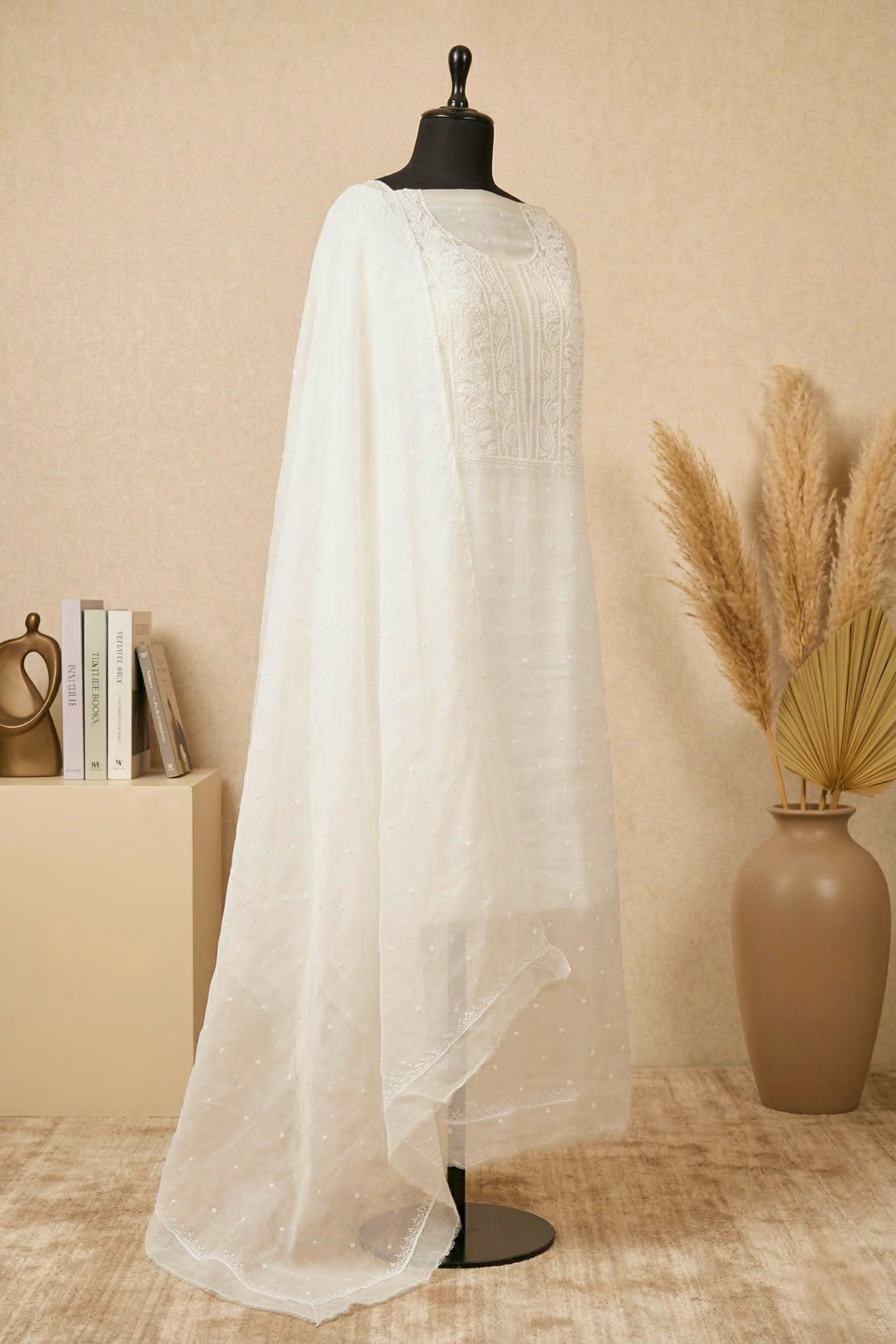 Premium Dyeable White Organza Unstitched Suit Set with Intricate Threadwork
