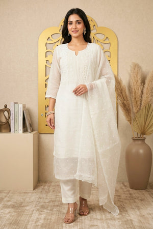 Premium Dyeable White Organza Unstitched Suit Set with Intricate Threadwork