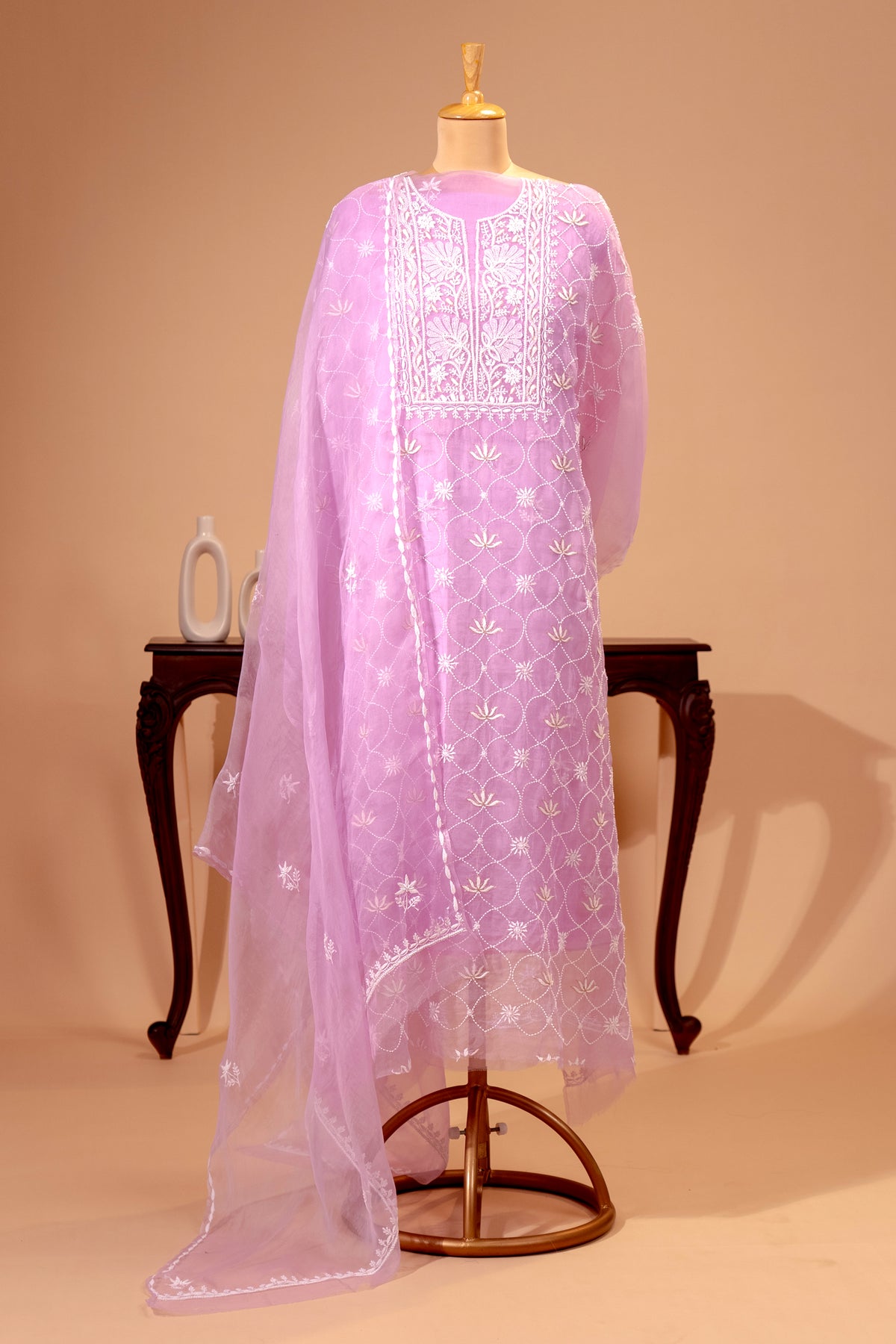 Elegant Pastel Lilac Organza Unstitched Suit Set with White Threadwork