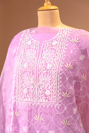Elegant Pastel Lilac Organza Unstitched Suit Set with White Threadwork