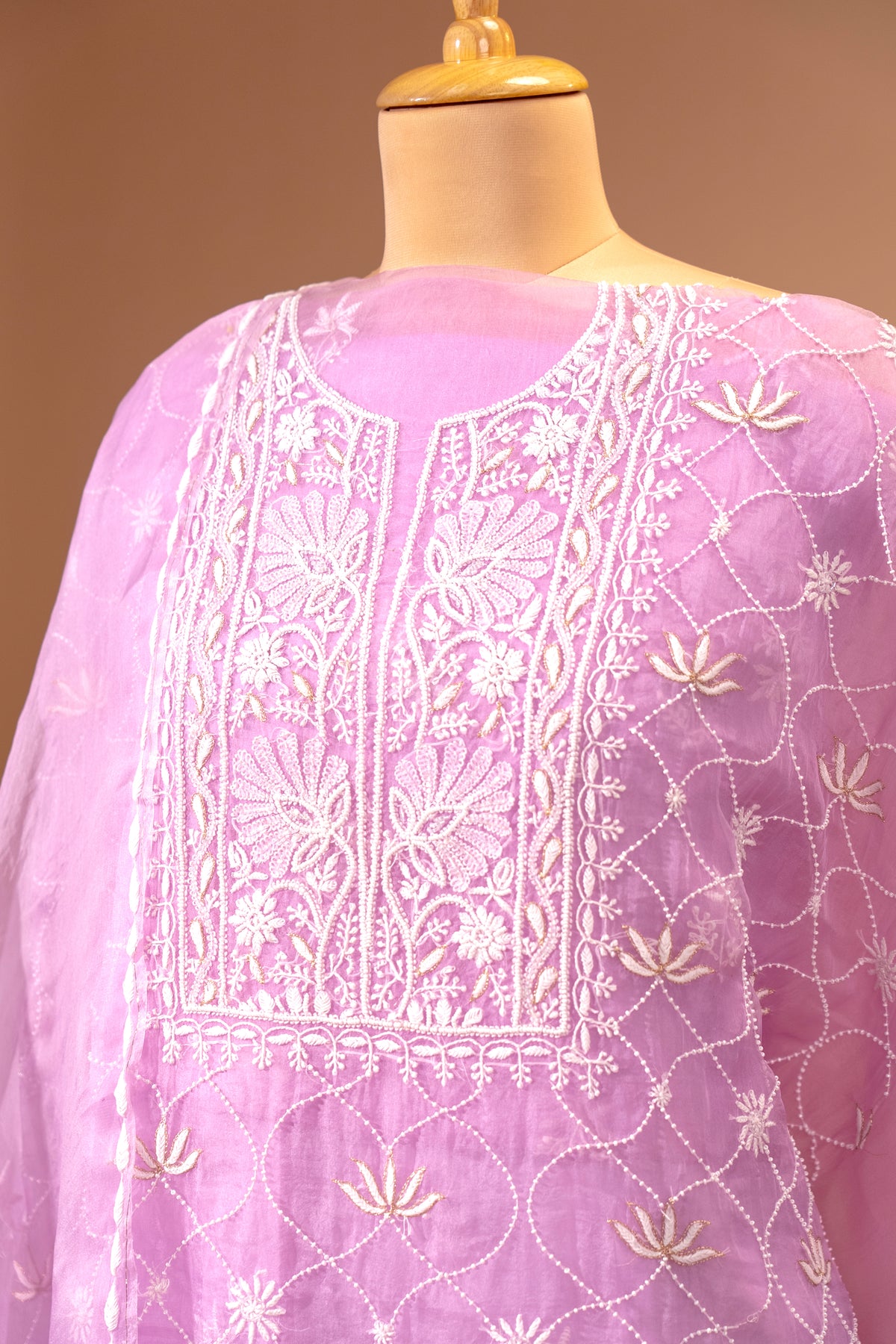 Elegant Pastel Lilac Organza Unstitched Suit Set with White Threadwork