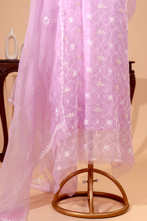 Elegant Pastel Lilac Organza Unstitched Suit Set with White Threadwork