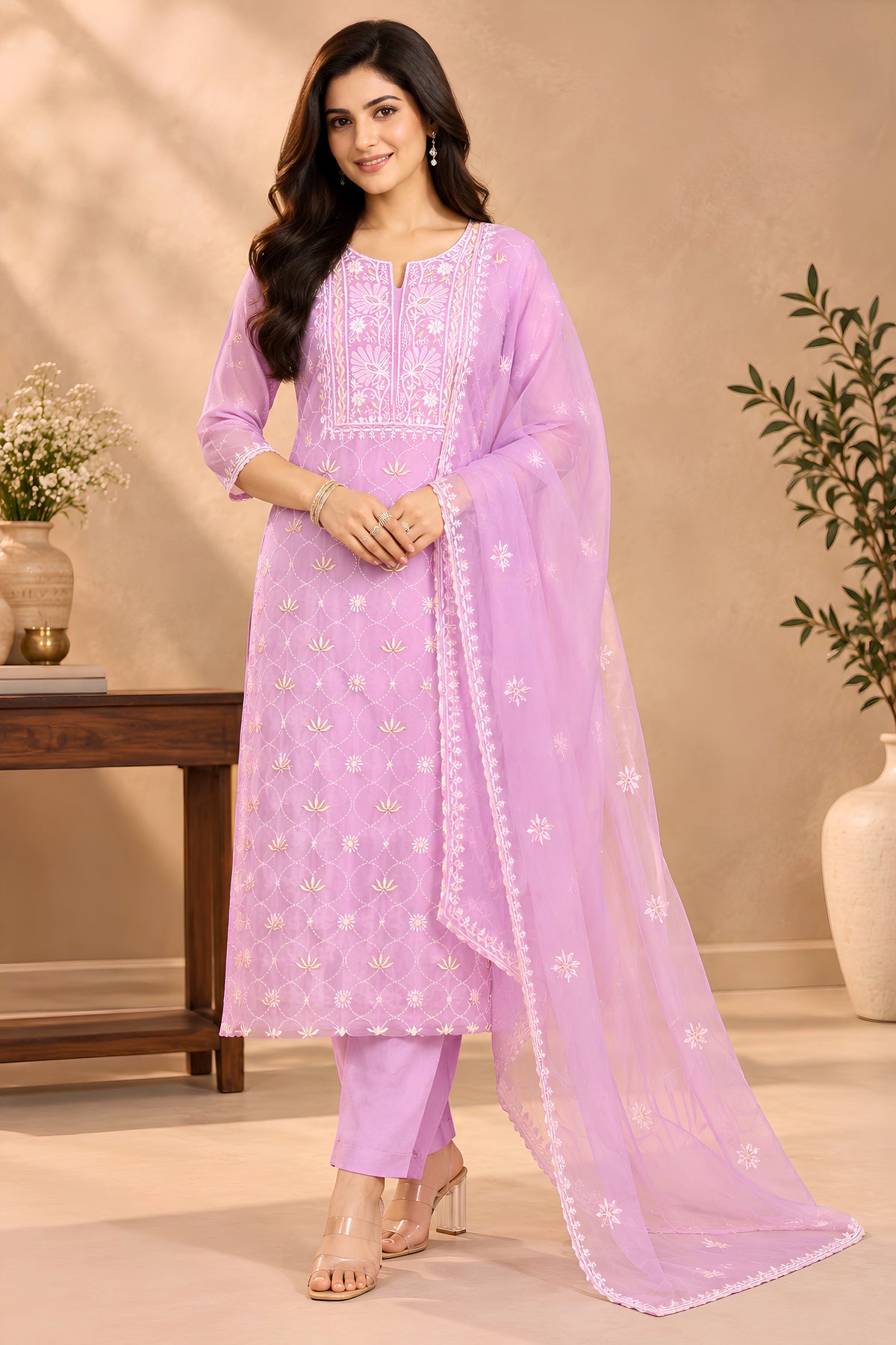 Elegant Pastel Lilac Organza Unstitched Suit Set with White Threadwork
