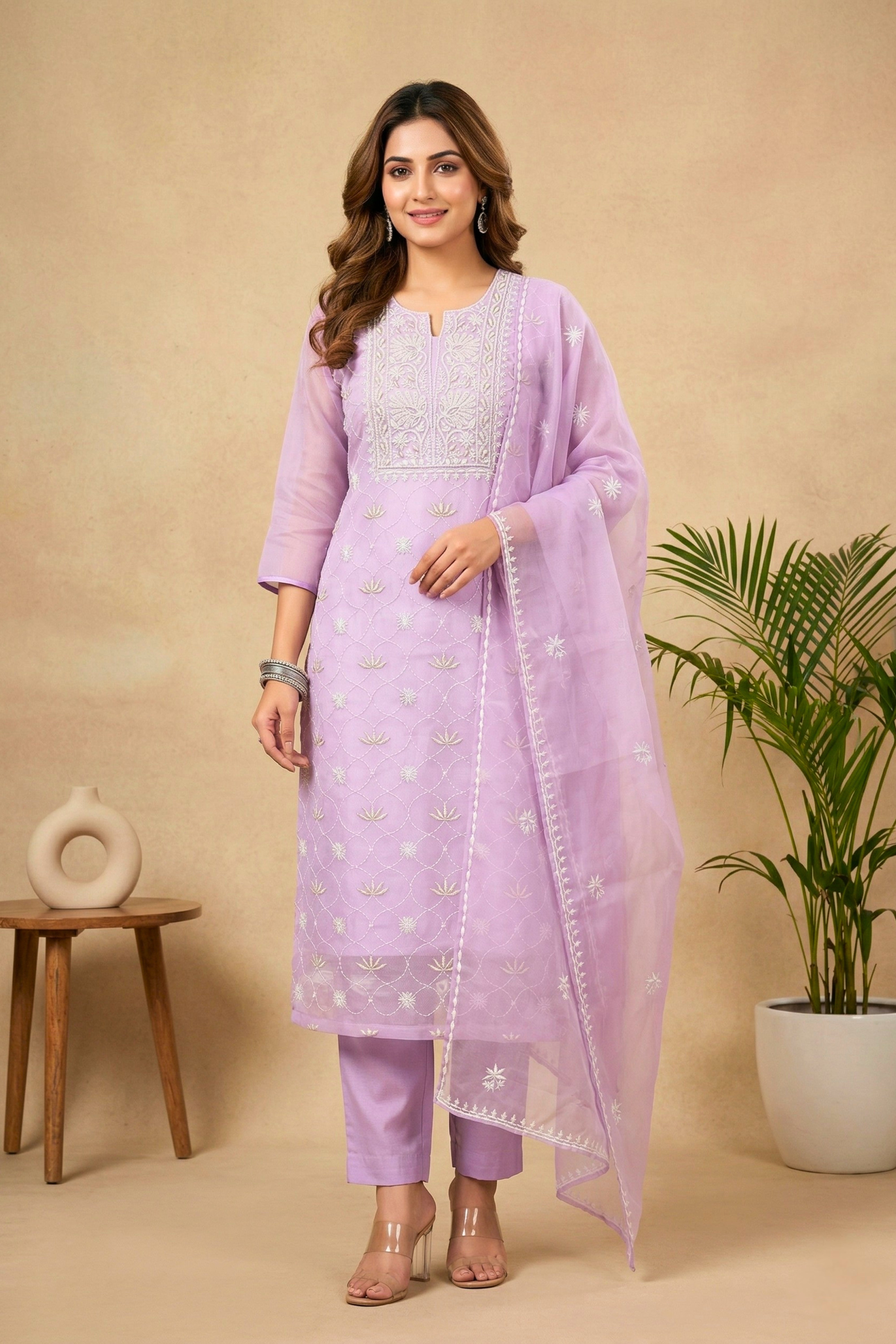 Elegant Pastel Lilac Organza Unstitched Suit Set with White Threadwork