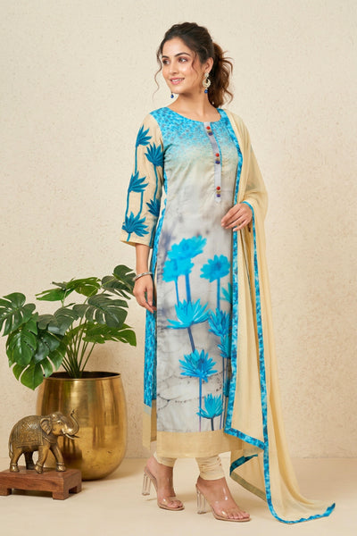 Elegant Blue & Beige Floral Printed Cotton Suit Set with Embroidered Sleeves