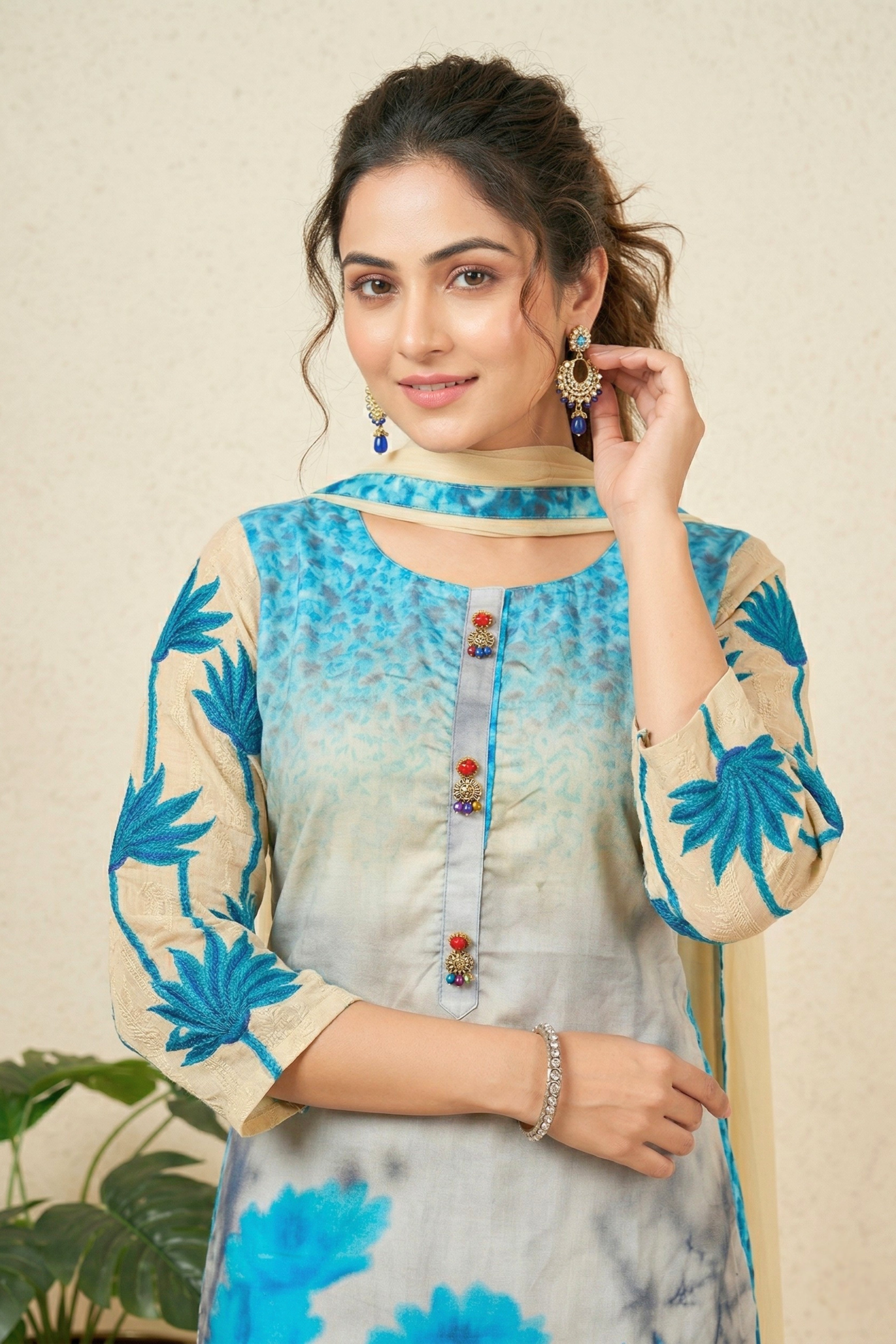 Elegant Blue & Beige Floral Printed Cotton Suit Set with Embroidered Sleeves