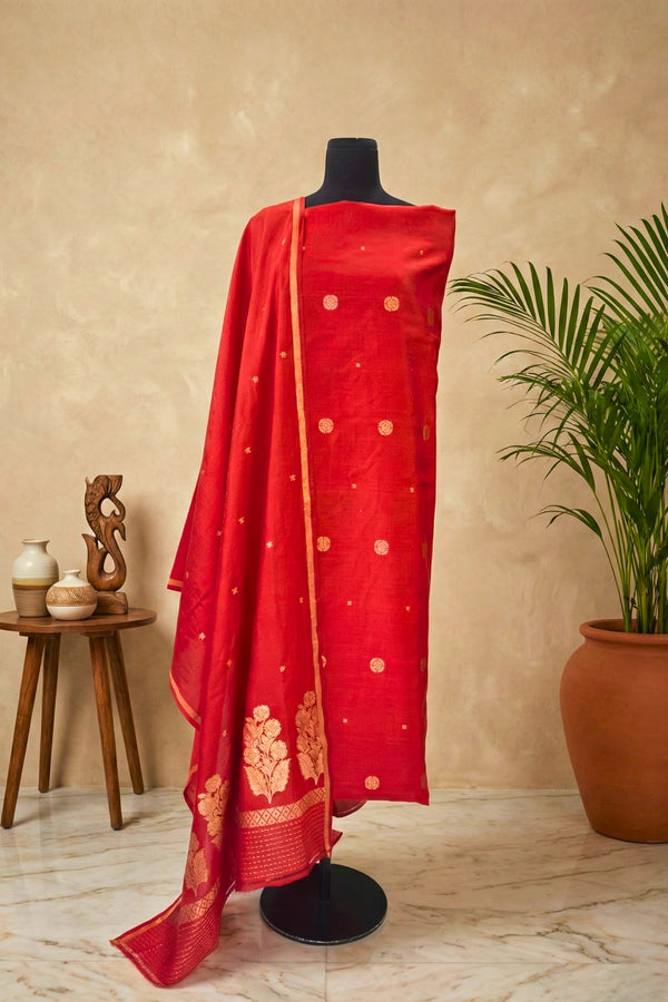 Brick Red Chiniya Silk Unstitched Suit Set with Zari Woven Dupatta by Label Tamanna