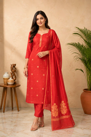 Brick Red Chiniya Silk Unstitched Suit Set with Zari Woven Dupatta by Label Tamanna