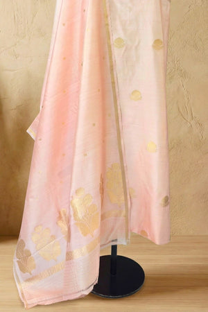 Pearl Pink Chiniya Silk Unstitched Suit Set with Zari Woven Dupatta by Label Tamanna
