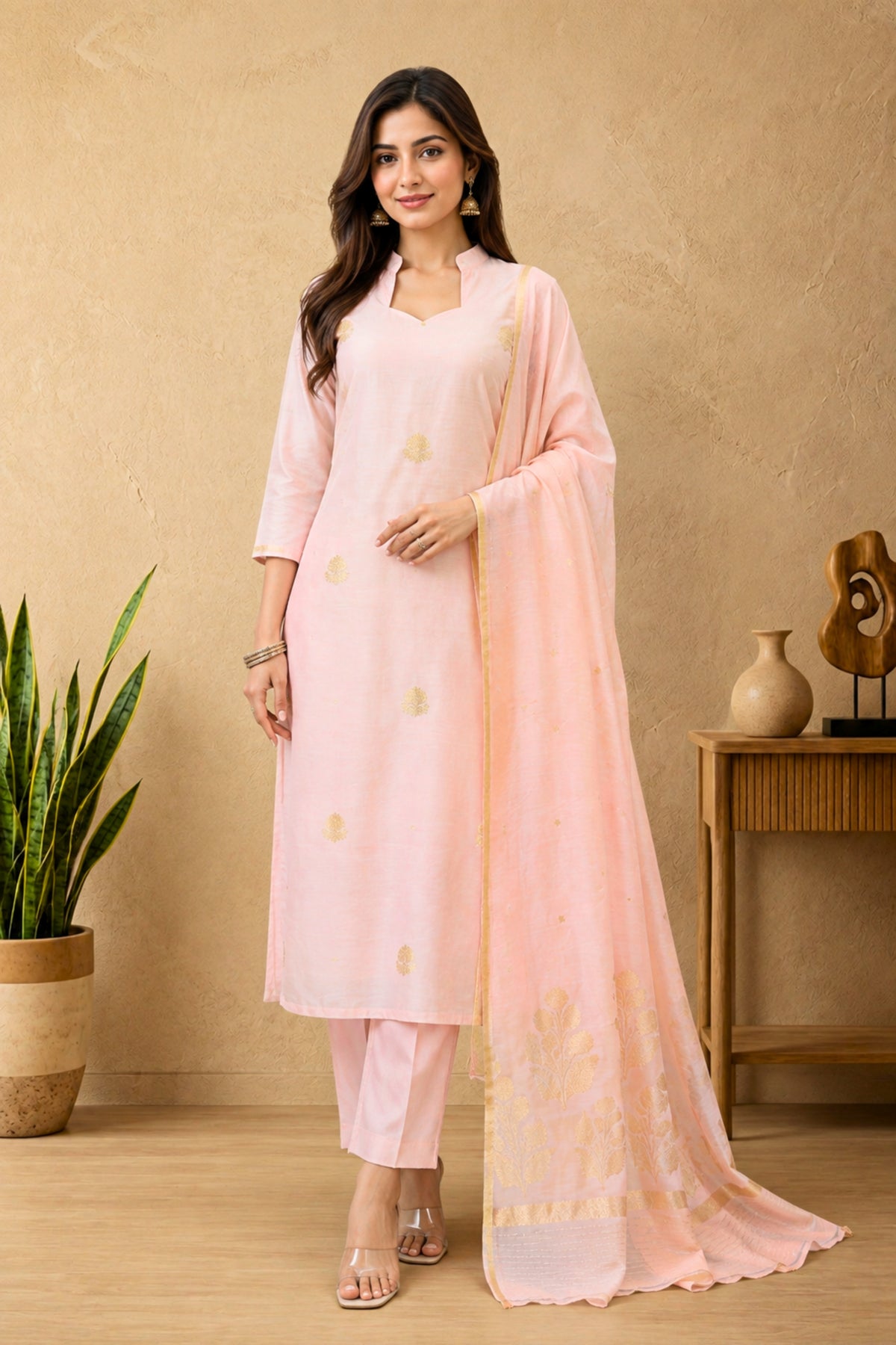 Pearl Pink Chiniya Silk Unstitched Suit Set with Zari Woven Dupatta by Label Tamanna