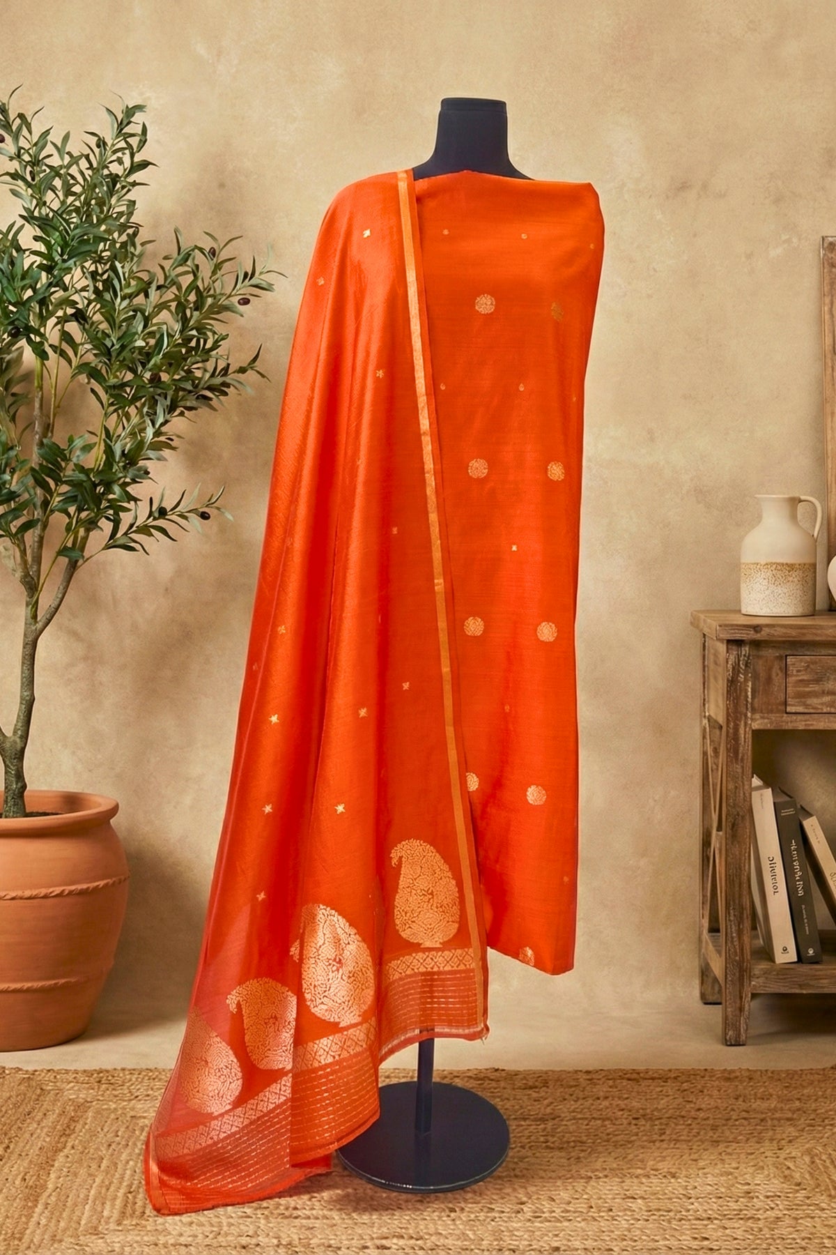 Tangerine Orange Chiniya Silk Unstitched Suit Set with Zari Woven Dupatta by Label Tamanna
