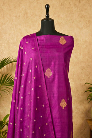Deep Plum Chiniya Silk Unstitched Suit Set with Zari Woven Dupatta
