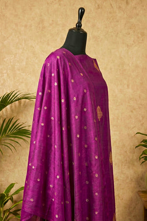 Deep Plum Chiniya Silk Unstitched Suit Set with Zari Woven Dupatta
