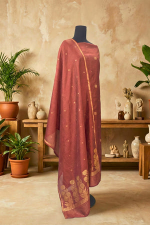 Chestnut Brown Chiniya Silk Unstitched Suit Set with Zari Woven Dupatta by Label Tamanna