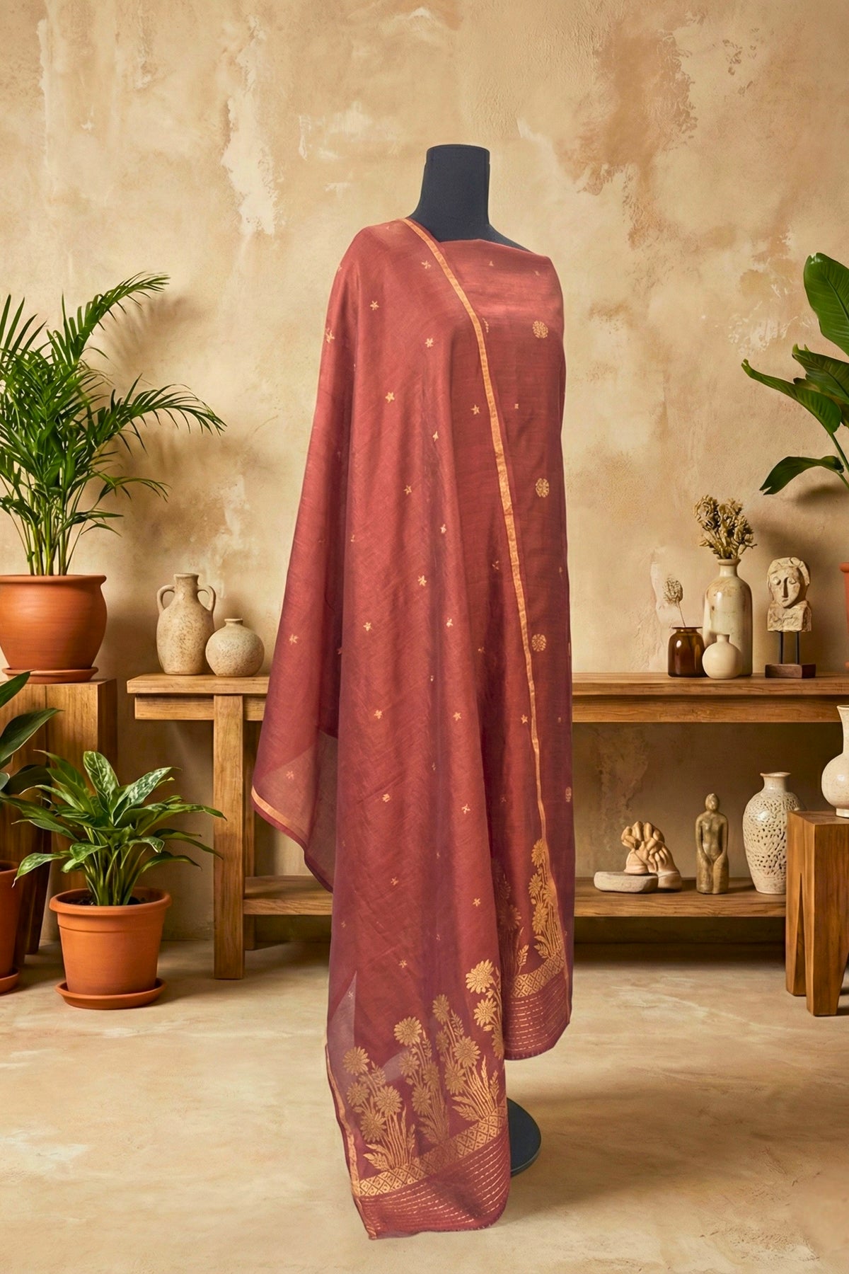 Chestnut Brown Chiniya Silk Unstitched Suit Set with Zari Woven Dupatta by Label Tamanna