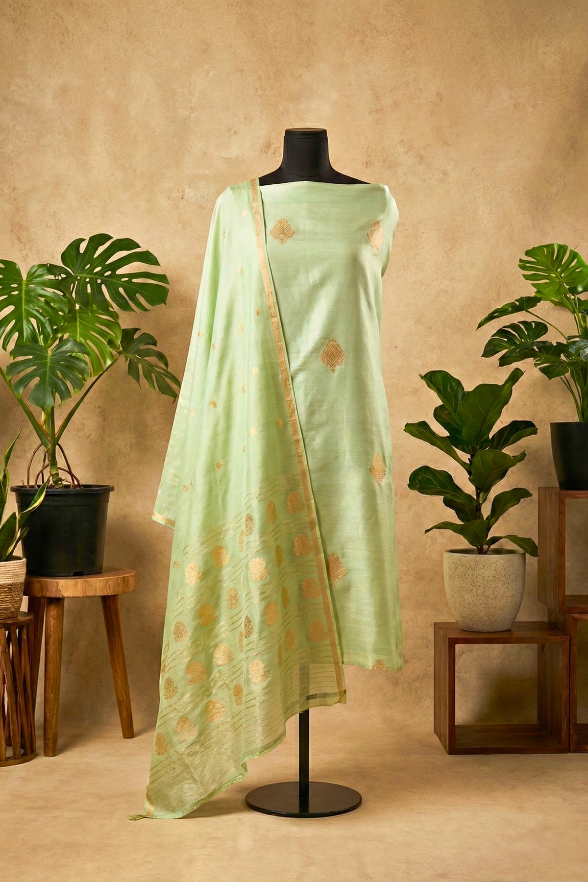Pistachio Green Chiniya Silk Unstitched Suit Set with Zari Woven Dupatta