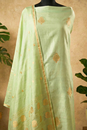 Pistachio Green Chiniya Silk Unstitched Suit Set with Zari Woven Dupatta