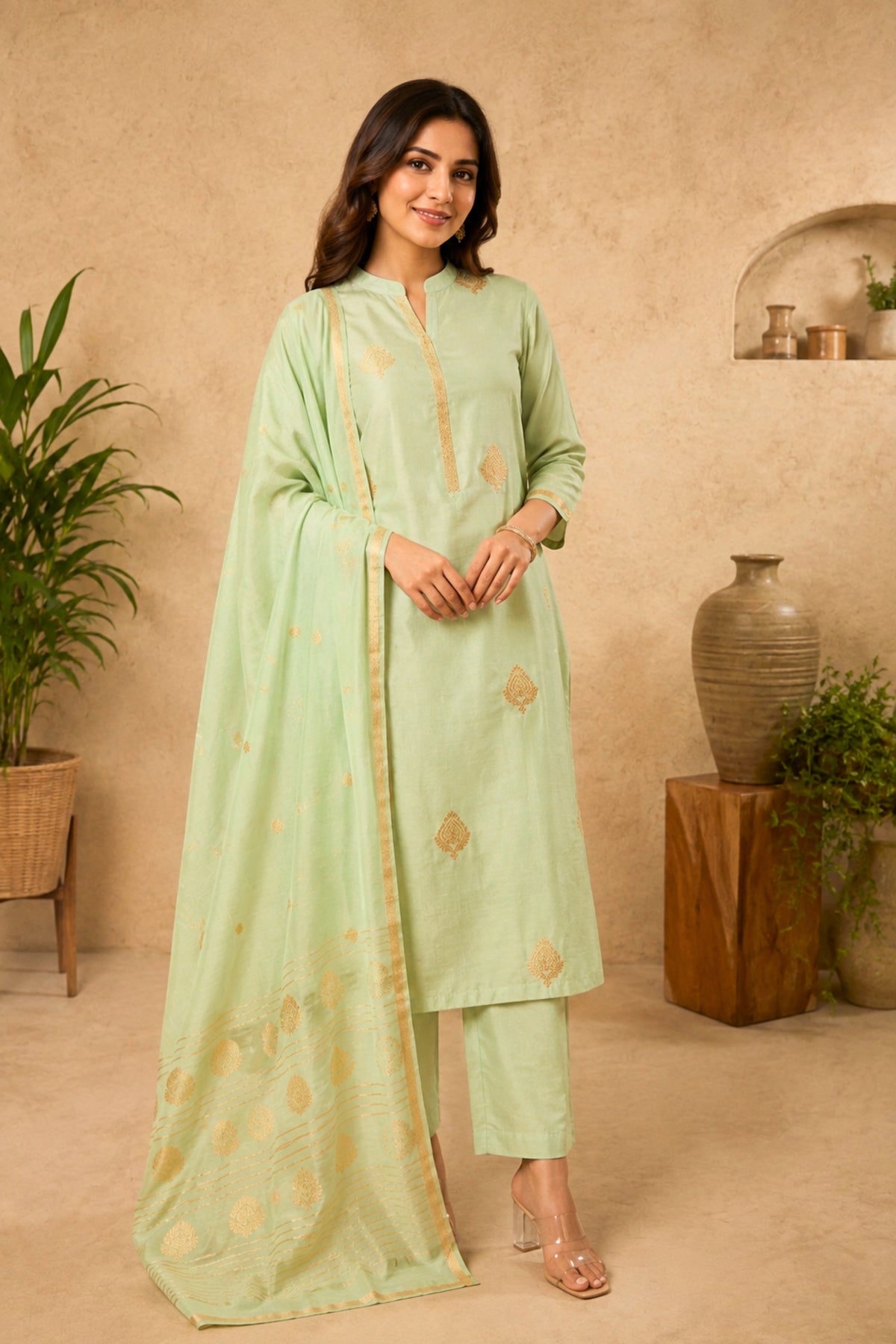 Pistachio Green Chiniya Silk Unstitched Suit Set with Zari Woven Dupatta