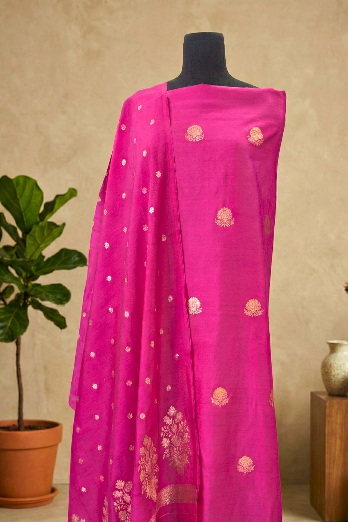 Magenta Pink Chiniya Silk Unstitched Suit Set with Zari Woven Dupatta by Label Tamanna