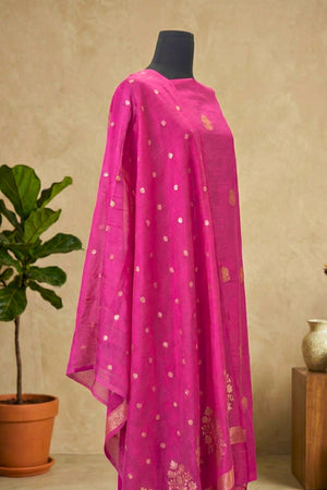 Magenta Pink Chiniya Silk Unstitched Suit Set with Zari Woven Dupatta by Label Tamanna