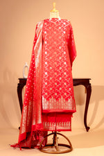 Red Banarasi Satin Silk Unstitched Suit Set | Label Tamanna
