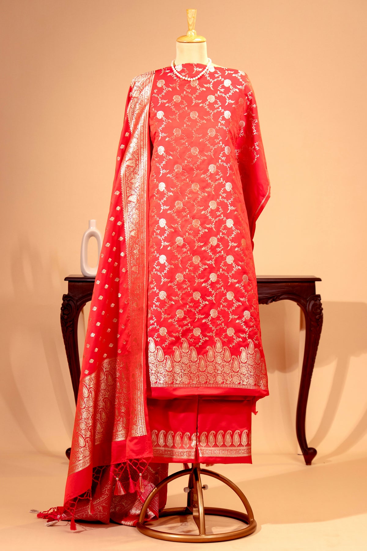 Red Banarasi Satin Silk Unstitched Suit Set | Label Tamanna