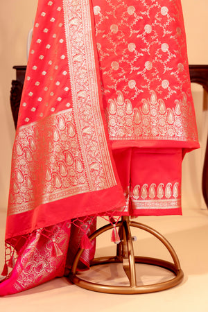 Red Banarasi Satin Silk Unstitched Suit Set | Label Tamanna