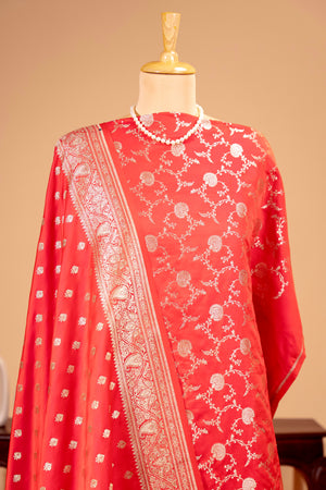 Red Banarasi Satin Silk Unstitched Suit Set | Label Tamanna