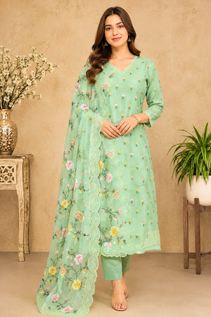 Sea Green Organza Unstitched Suit Set with Floral Embroidered Dupatta by Label Tamanna