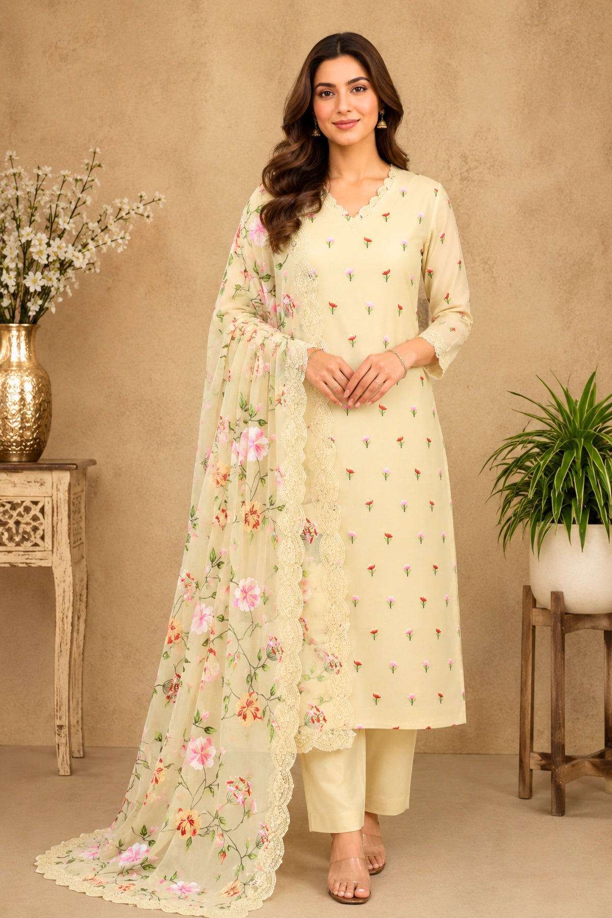 Off-White Organza Unstitched Suit Set with Floral Embroidered Dupatta by Label Tamanna