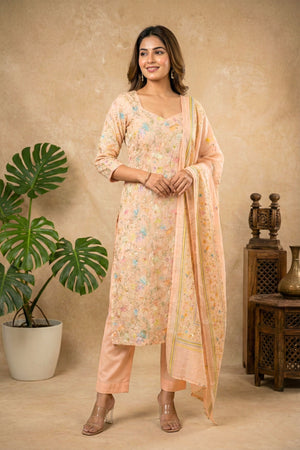 Exquisite Peach Floral Embroidered Pure Mulmul Unstitched Suit Set