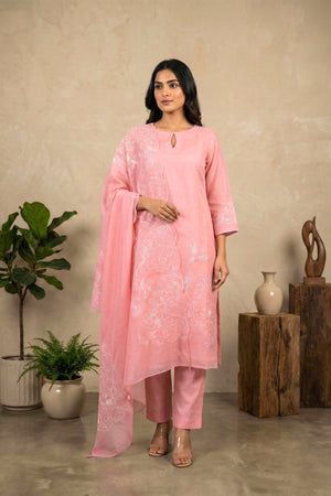 Blush Pink Chanderi Unstitched Suit Set with Embroidered Dupatta