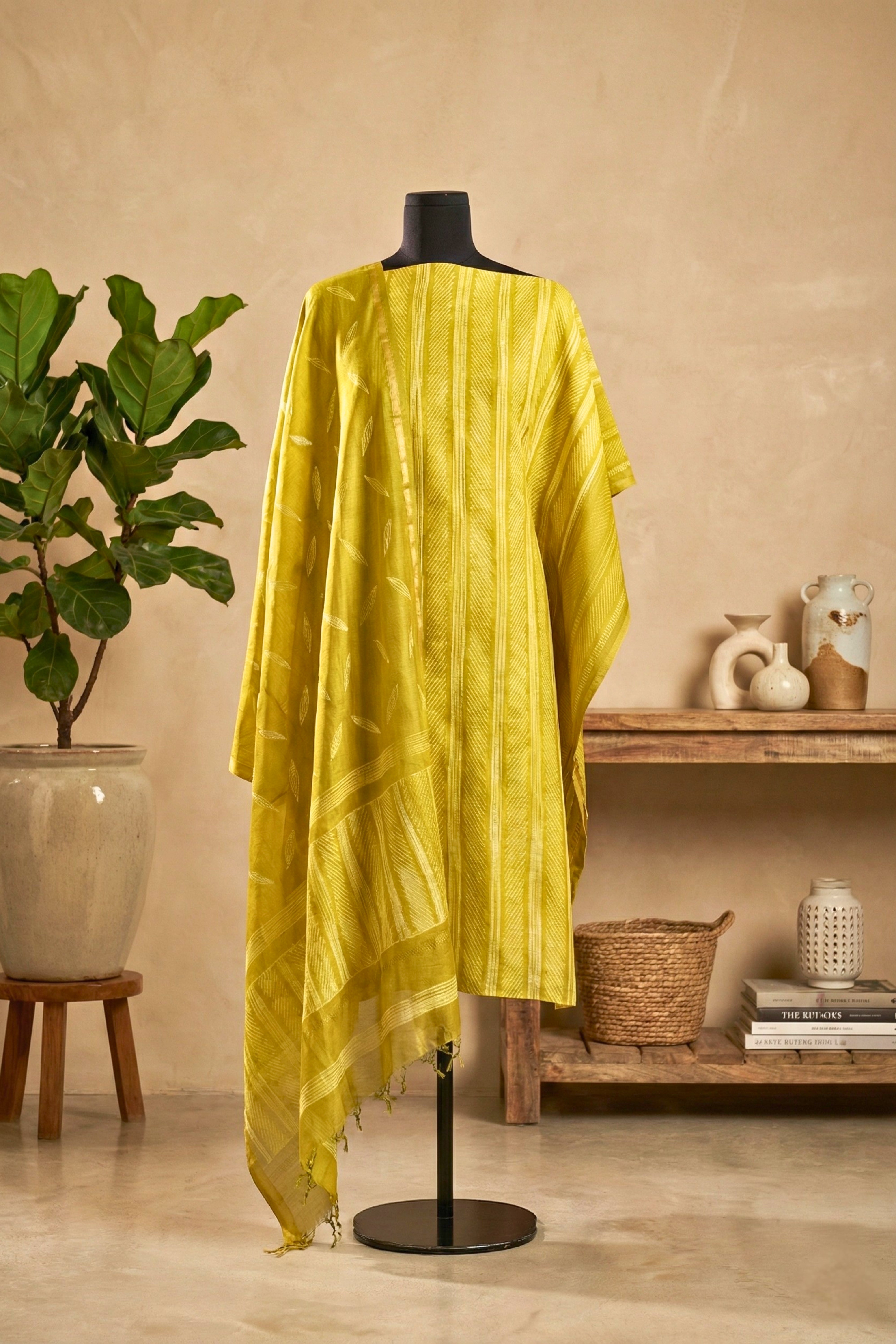 Luminous Golden Lime Striped Chanderi Unstitched Suit Set